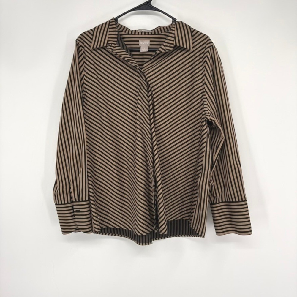 Chico's Button Down Women 3 Large Tan Black‎ No Iron Striped Cotton Shirt Blouse